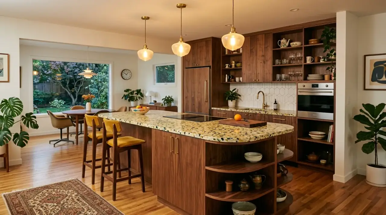 Mid-century island leg detail. Furniture-like island base adding retro character through shape and proportion.