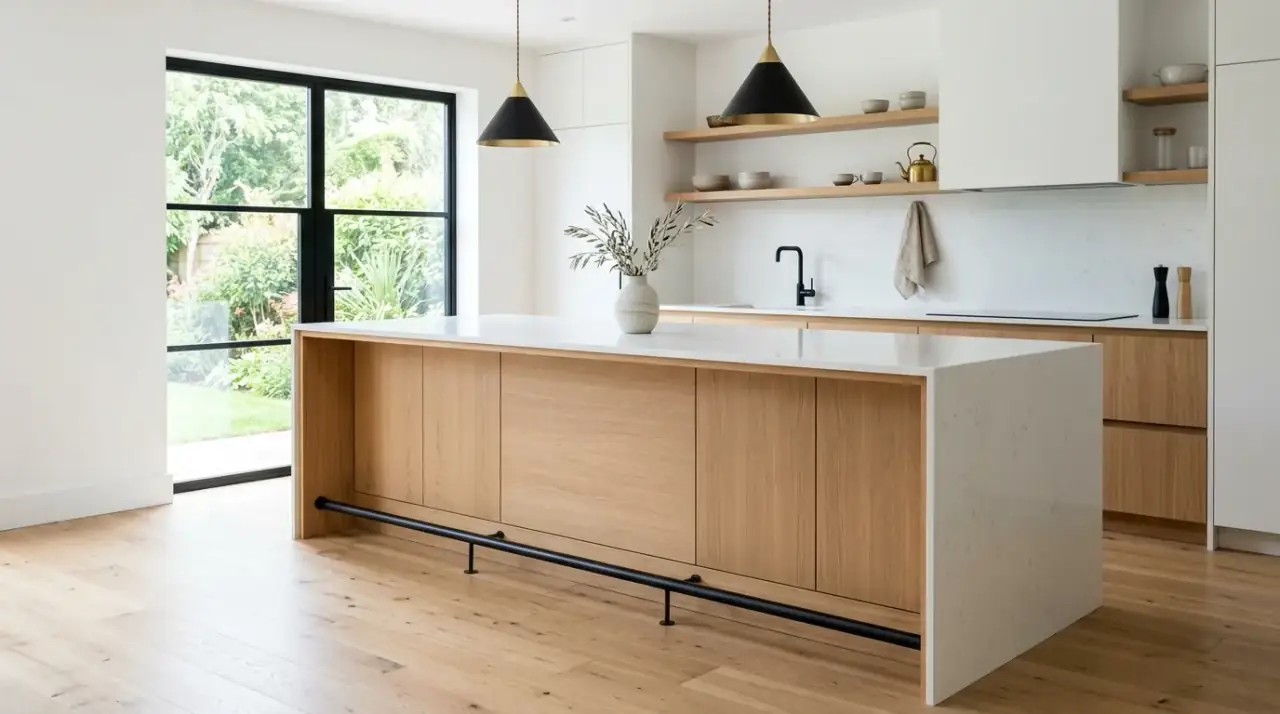 Waterfall mid-century kitchen island. Modern stone top paired with warm retro wood for a balanced island design.