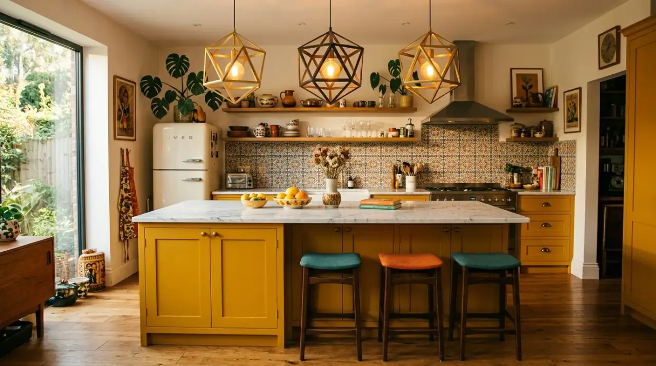 Curved mid-century kitchen island. Softer retro-inspired geometry bringing warmth to the island design.