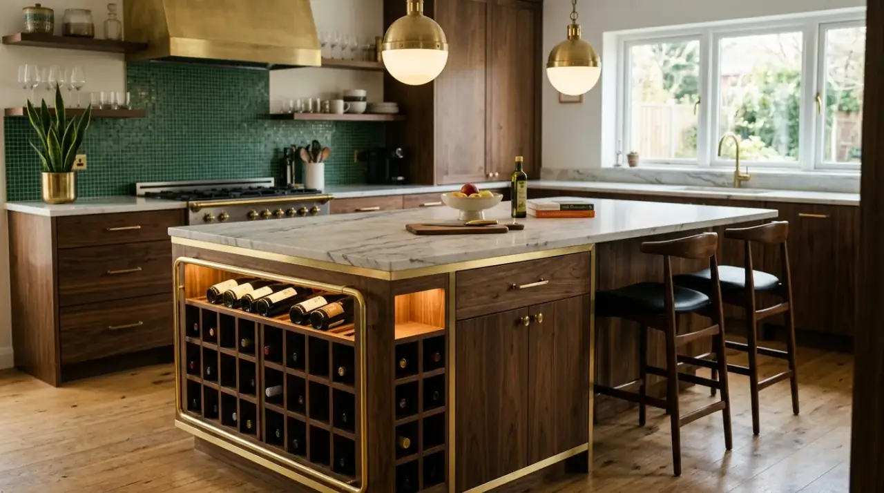 Open shelf mid-century island. Visible display storage giving the island more personality and retro charm.