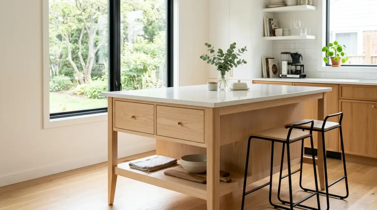 Textured mid-century kitchen island. Retro-inspired panel details adding more depth and character to the island.