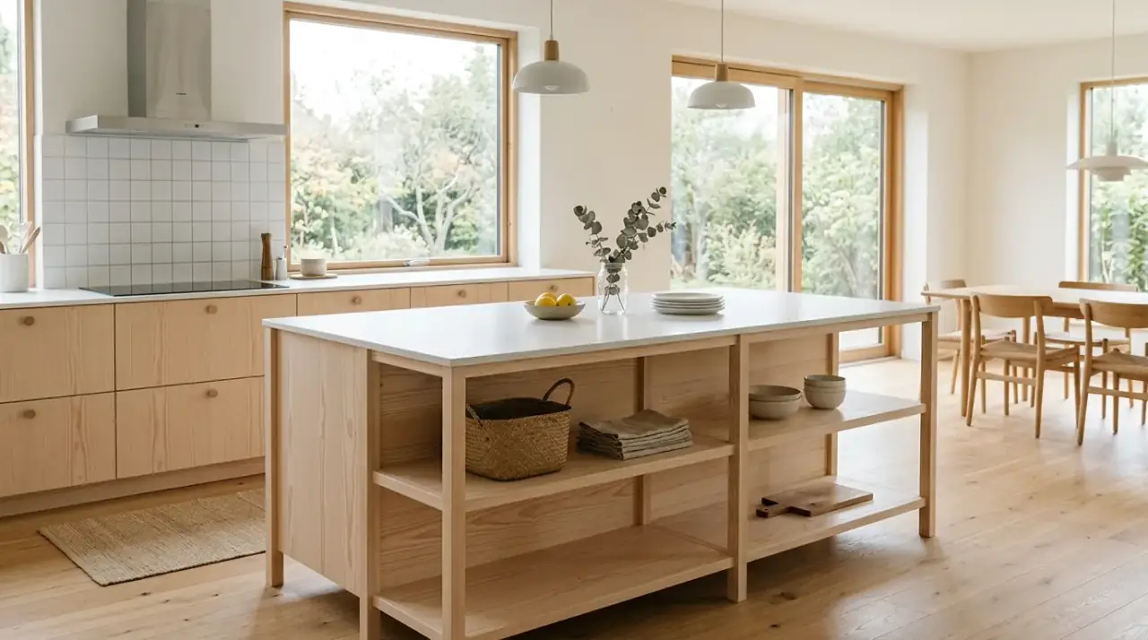 Black accents mid-century island. Darker details sharpening the form of a warm retro kitchen island.