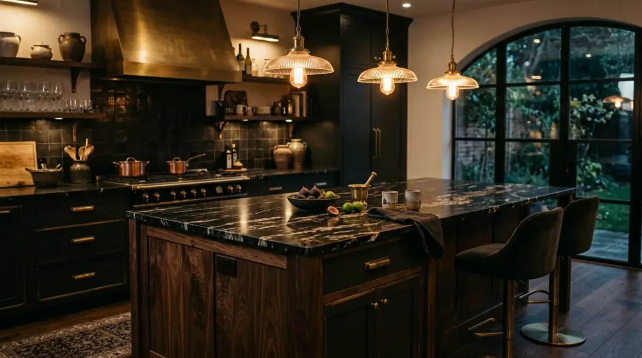 Lower shelf mid-century island. Open base storage adding lighter character to a retro kitchen island.