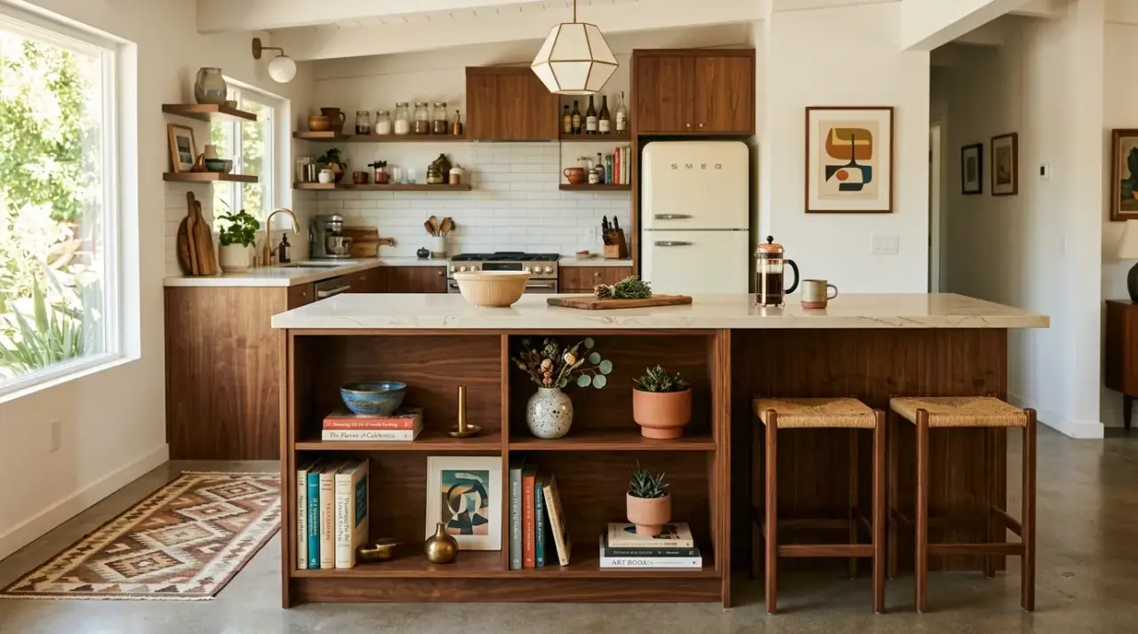 Warm stone mid-century island. Gentler countertop finish balancing the wood and color of a retro island.