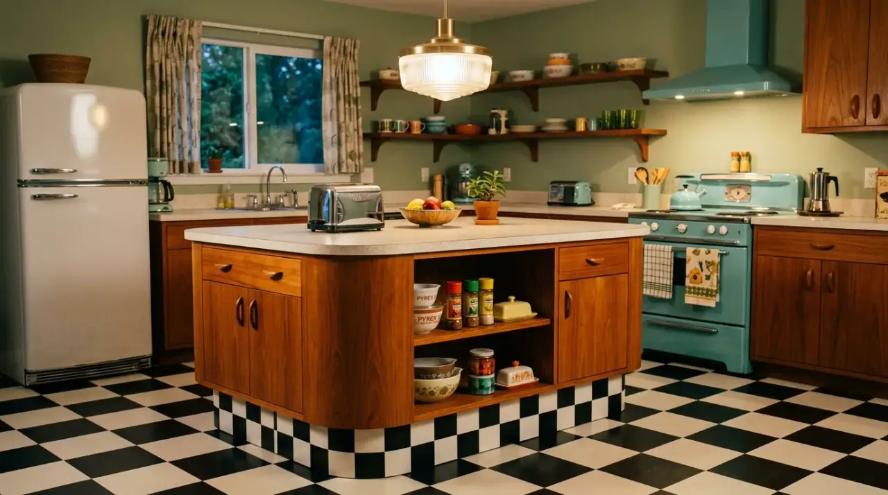 Mid-century island pendant lights. Statement lighting reinforcing the island as the retro kitchen focal point.