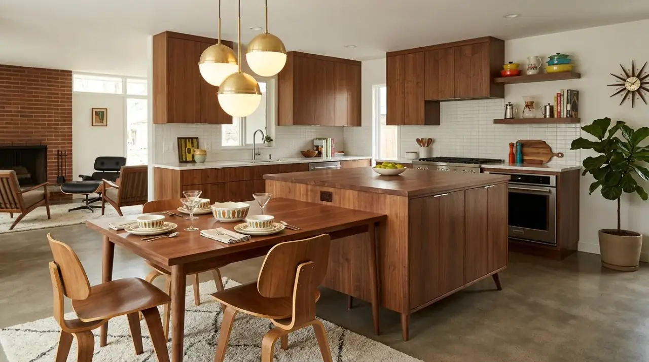 Minimal styled mid-century island. Simple surface styling helping the retro island design stand out more clearly.