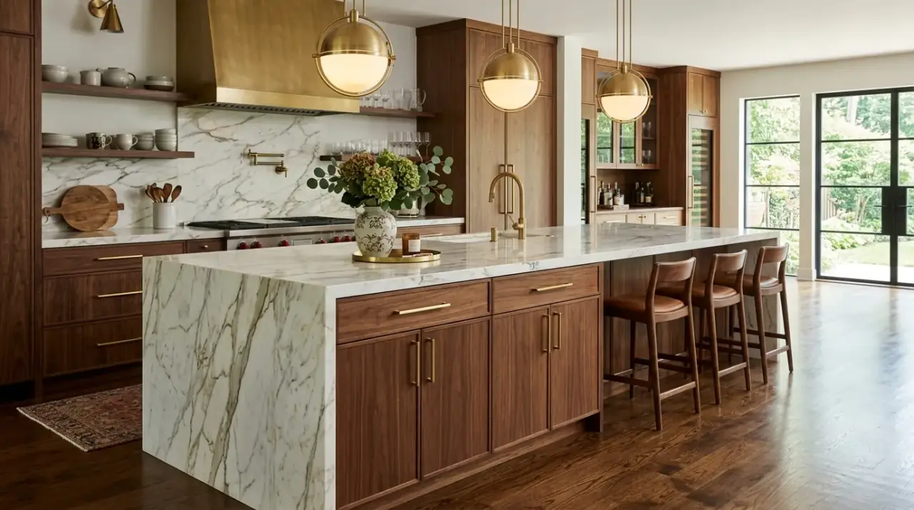 Mid-century island overview. Retro-modern island design balancing warmth, function, and focal-point strength.