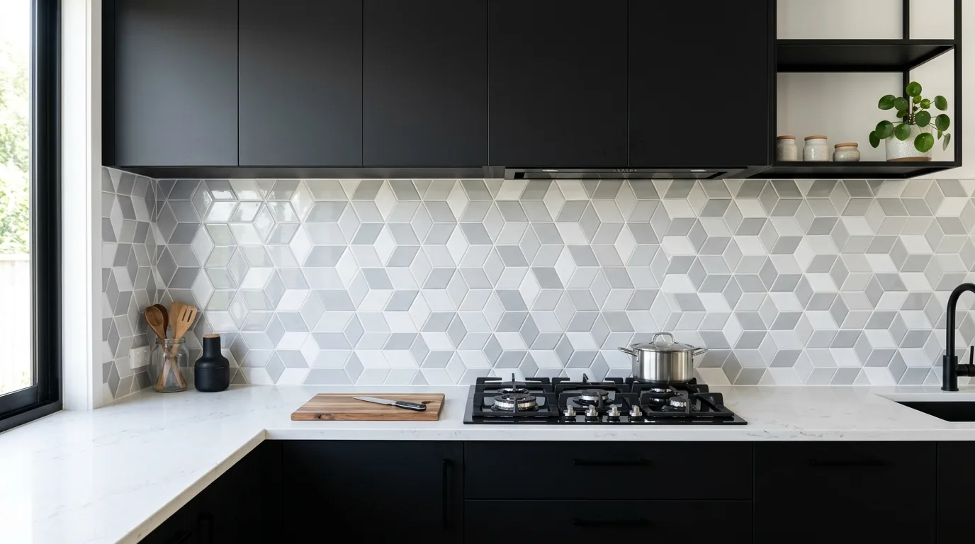 Gloss white modern kitchen backsplash. Bright reflective tile with clean contemporary grout lines.