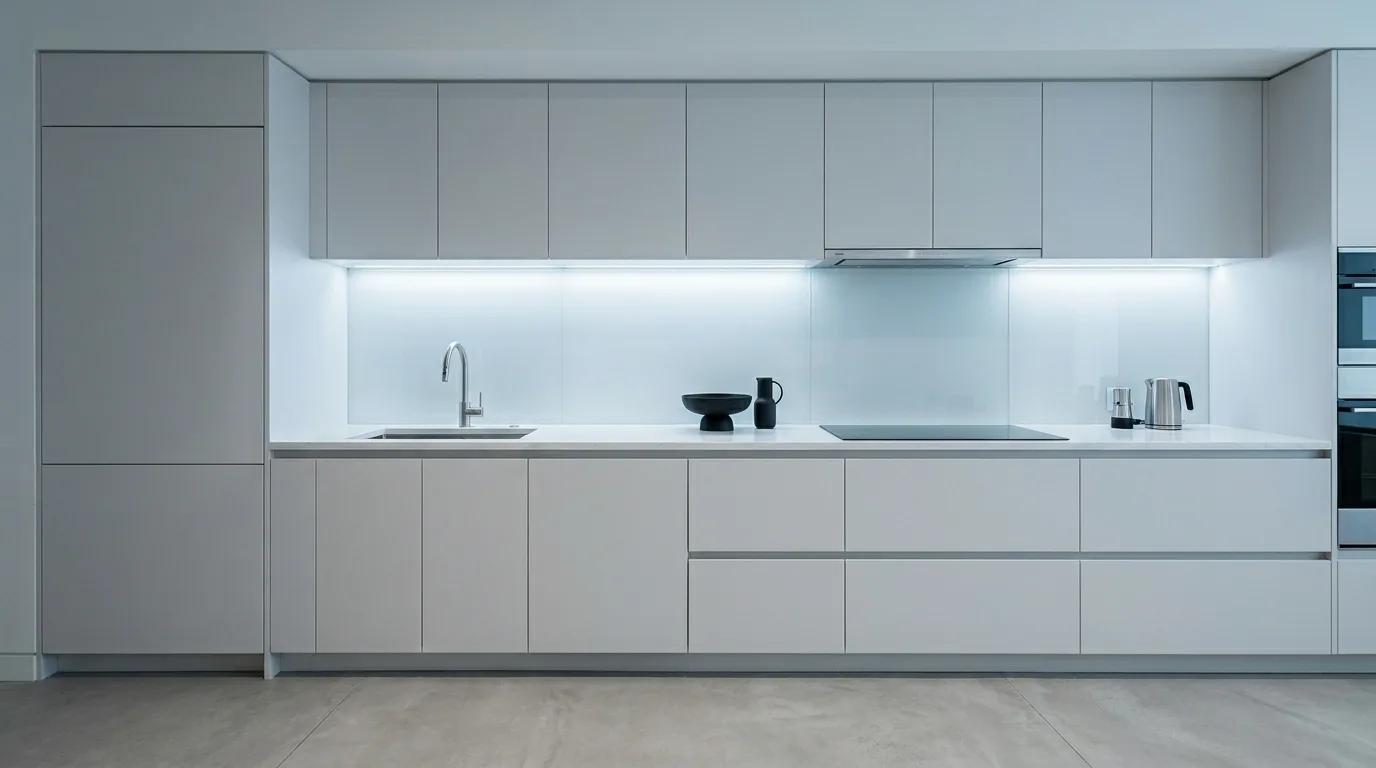 Textured neutral tile backsplash. Subtle contemporary kitchen wall with soft dimensional detail.