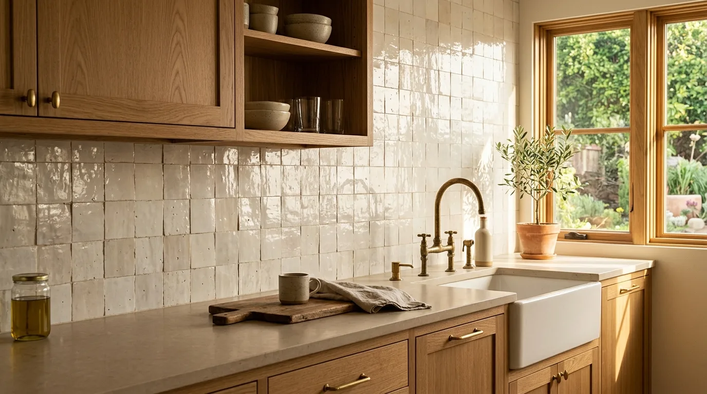 Vertical stack tile modern backsplash. Contemporary kitchen wall with clean linear tile pattern.