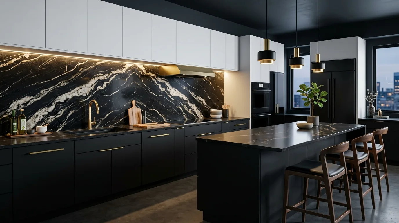Backpainted glass kitchen backsplash. Sleek reflective wall surface in a contemporary kitchen.