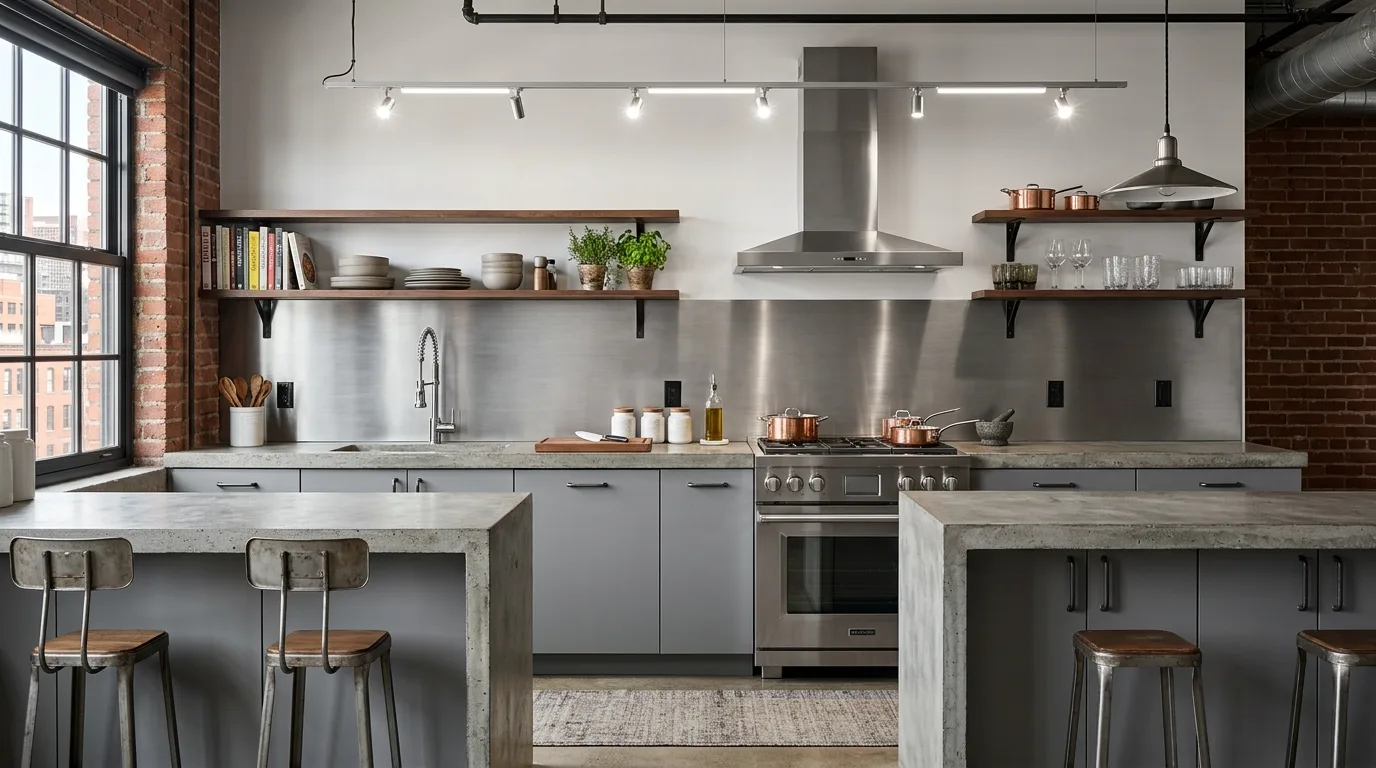 Dark stone backsplash with light kitchen cabinets. Contemporary kitchen contrast using dramatic stone wall surface.