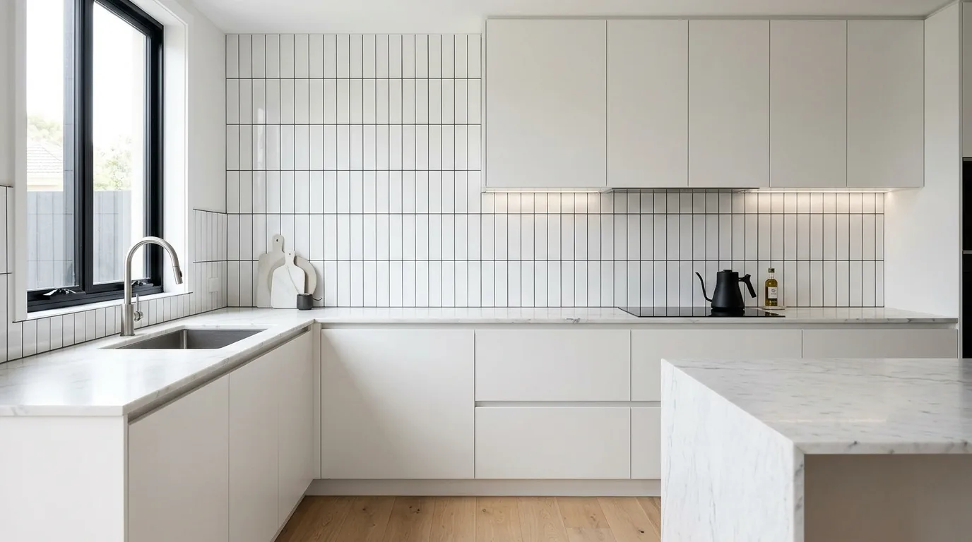 Large format porcelain backsplash. Seamless contemporary kitchen wall with minimal grout breaks.
