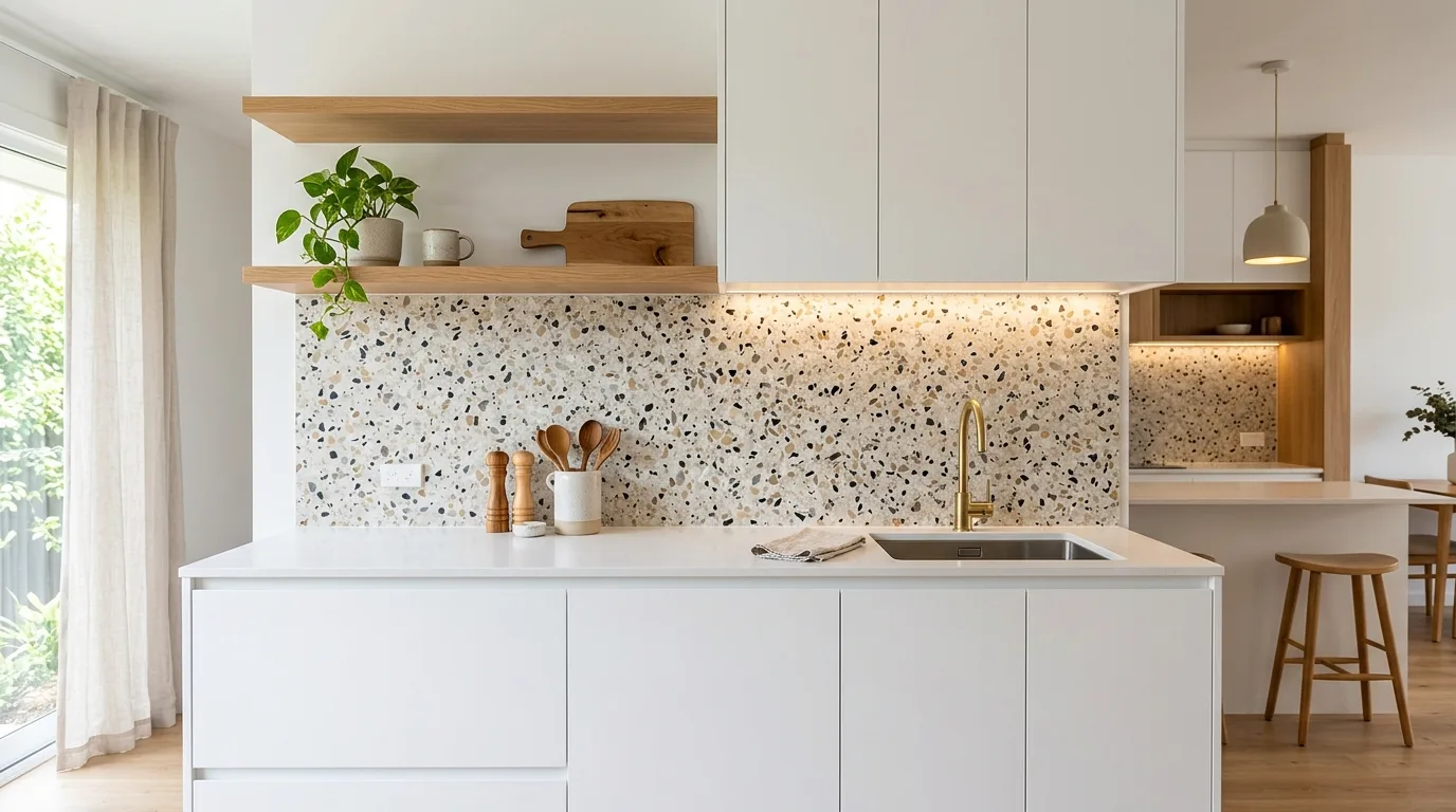 Soft grey herringbone modern backsplash. Contemporary patterned kitchen wall with restrained movement.