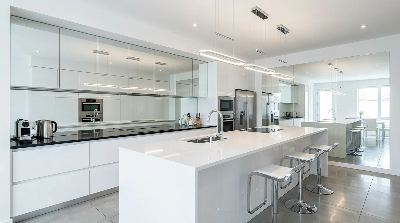 Metallic modern kitchen backsplash. Urban contemporary wall tile with sleek reflective finish.