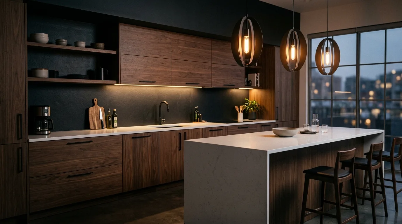 Warm stone tile in modern kitchen backsplash. Contemporary kitchen with softened natural wall texture.