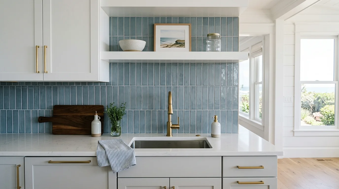 Handmade-look tile modern backsplash. Textured contemporary kitchen wall with subtle artisan variation.