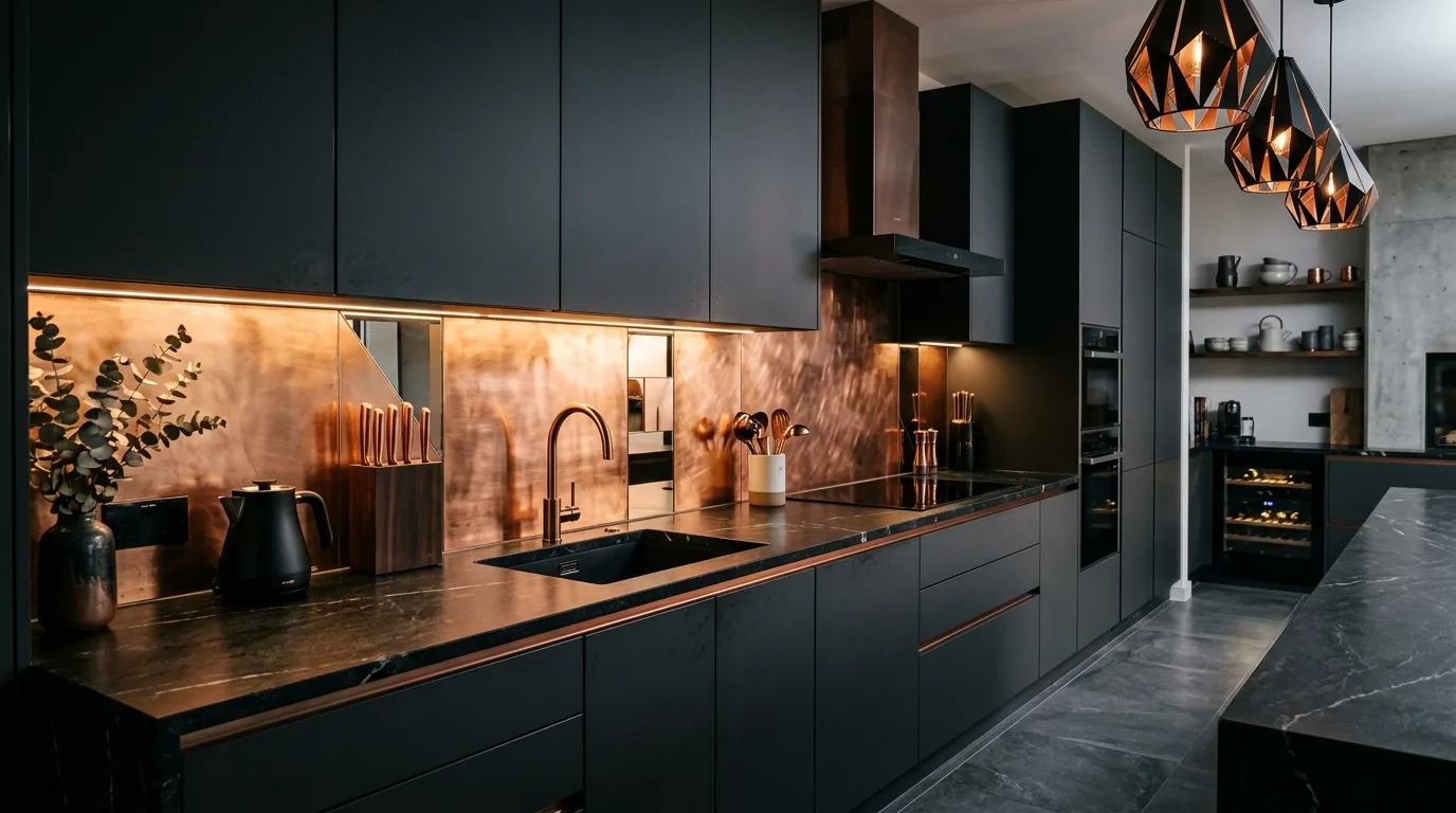 Modern backsplash with integrated shelf. Contemporary kitchen wall blending storage and clean design.
