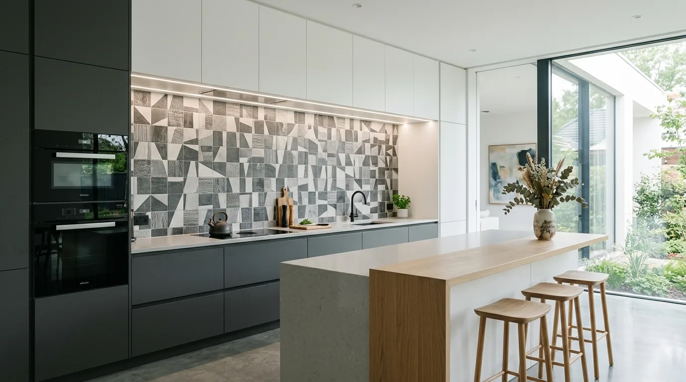 Modern kitchen backsplash integrated with full room design. Contemporary wall surface chosen to complete the whole kitchen.