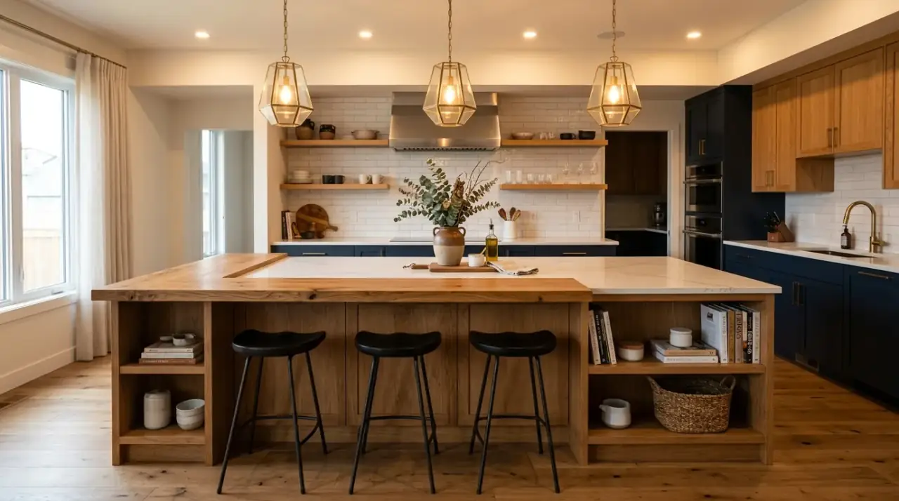Wood-clad kitchen island. Natural timber island detail softening a sleek contemporary kitchen.