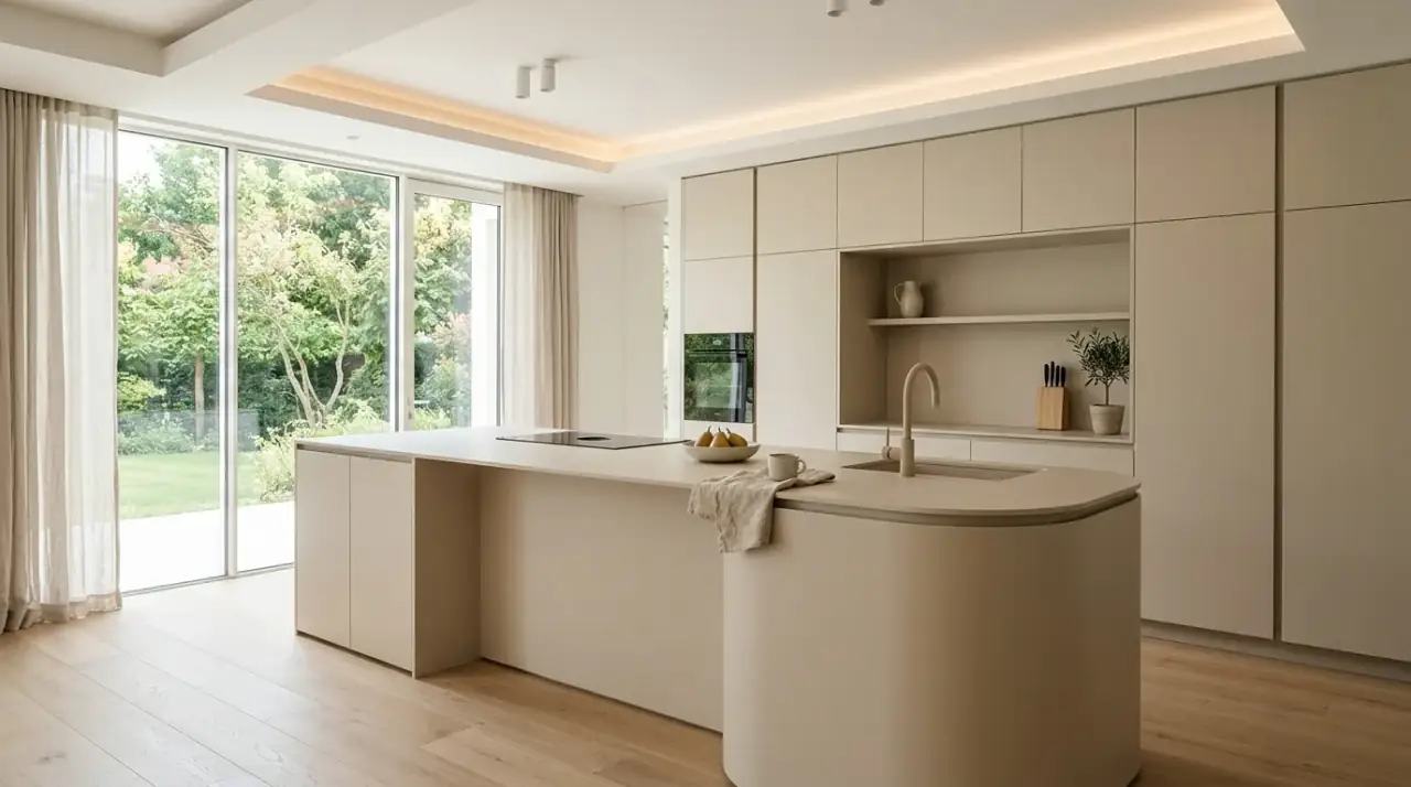 Kitchen island with seating. Social seating built into a modern island for everyday connection.
