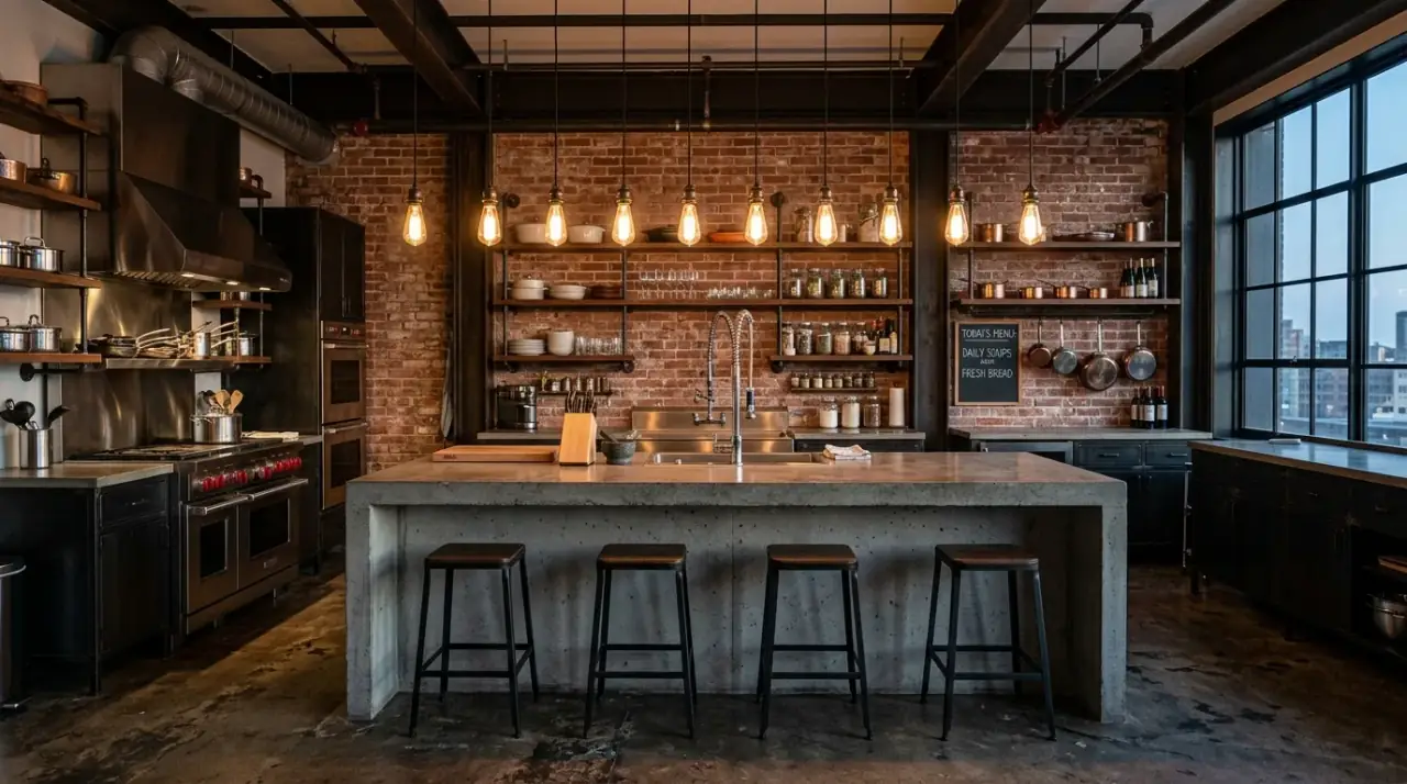 Modern island lighting. Minimal overhead fixtures clarifying the island as the room's center.