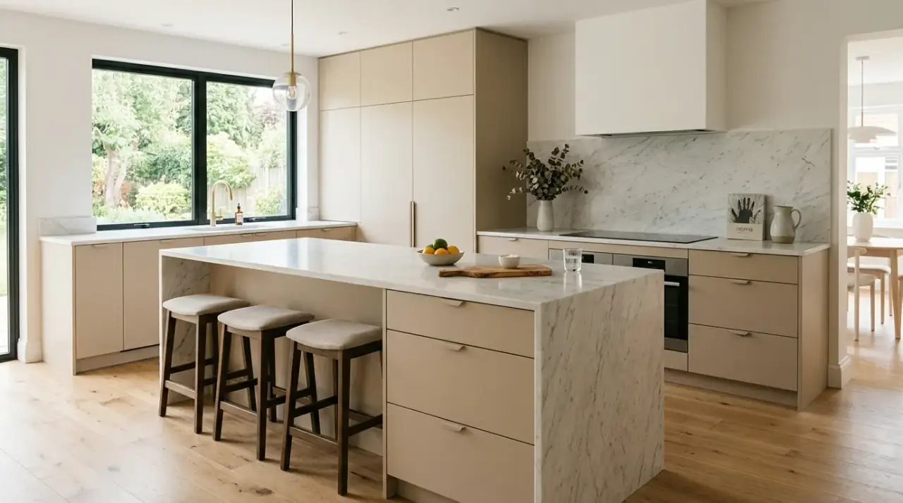 Double-island kitchen layout. Large modern kitchen using two islands for clearer function and flow.