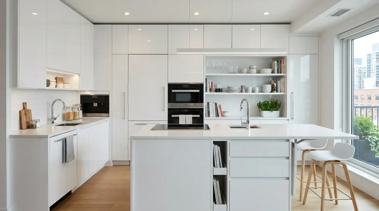 Black island in light kitchen. High-contrast centerpiece grounding a bright modern kitchen palette.