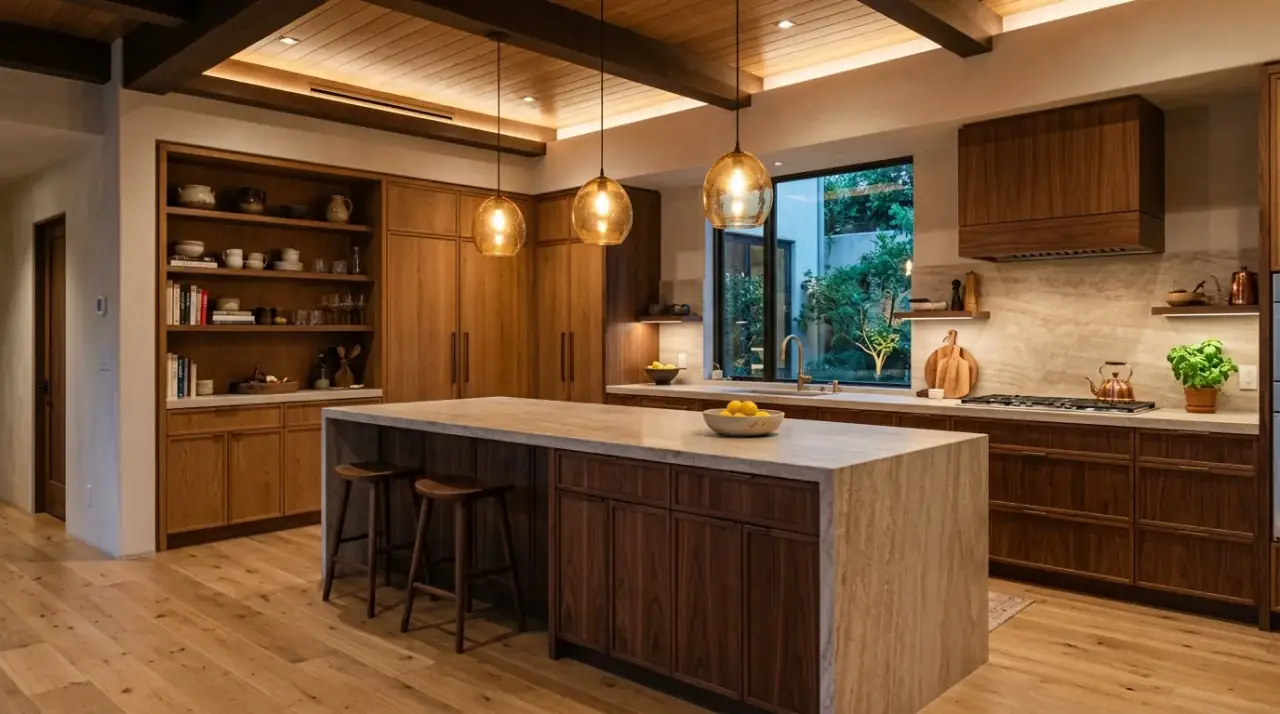 Kitchen island end shelving. Open display and storage detail adding warmth to a modern island.