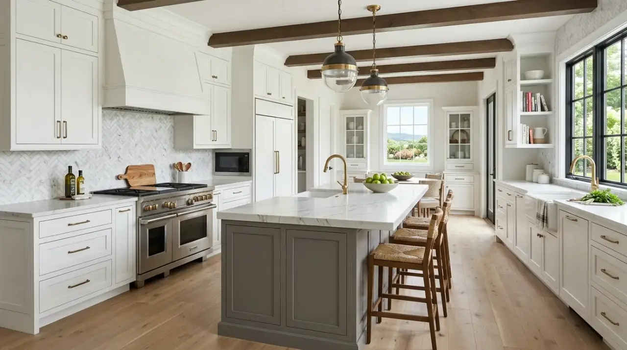 Coordinated modern kitchen island. Island materials echoing surrounding finishes for a more cohesive design.
