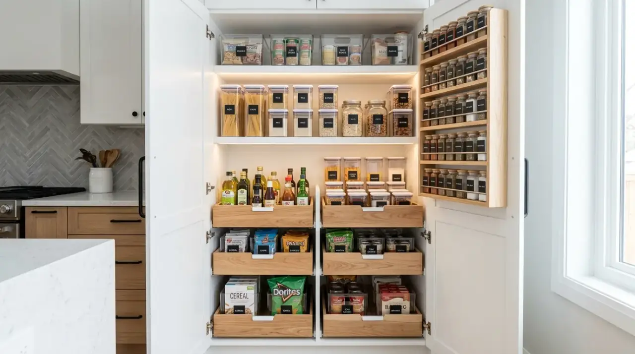 Clear pantry containers. Visible staple storage helping a pantry look tidy and easy to use.