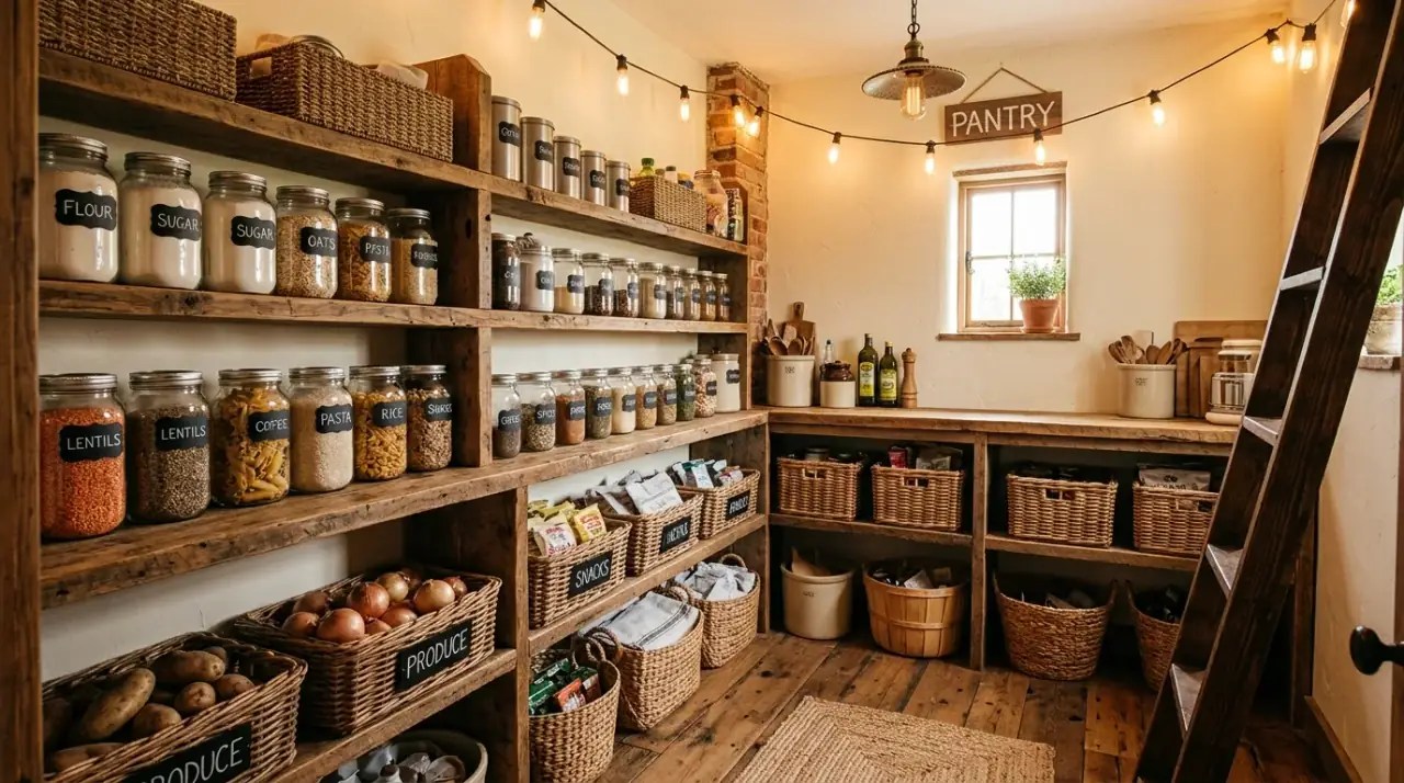Labeled organized pantry. Clear labels reinforcing a more reliable pantry organization system.