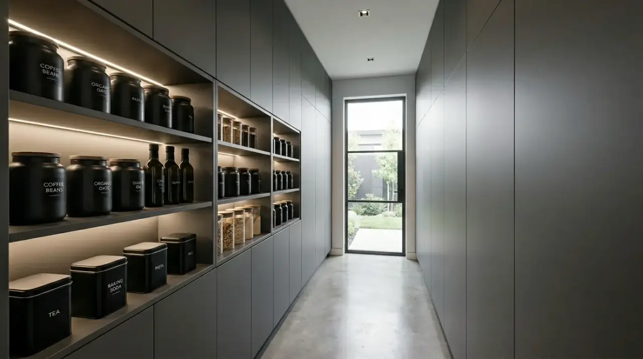 Pantry baskets organization. Flexible grouped storage helping awkward pantry items stay tidy.