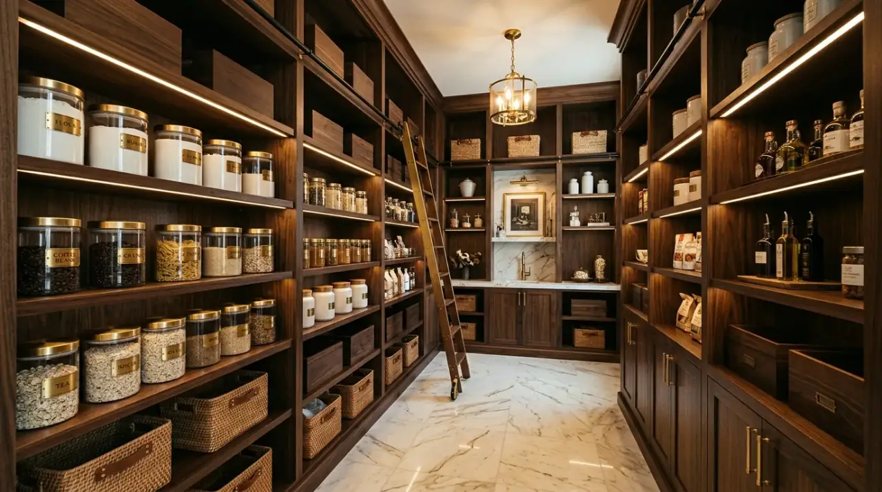 Pantry backstock shelf. Separate overflow storage helping the main pantry zone stay neat.