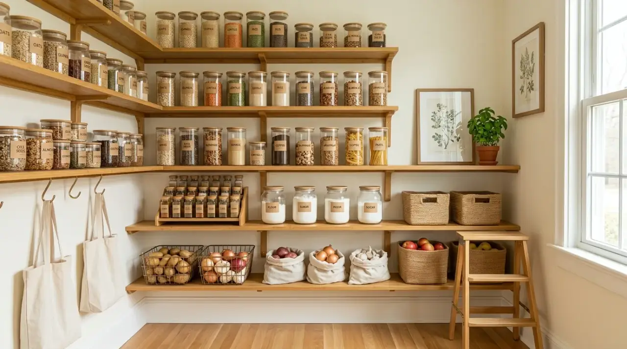 Lit organized pantry. Improved pantry lighting making storage easier to see and maintain.
