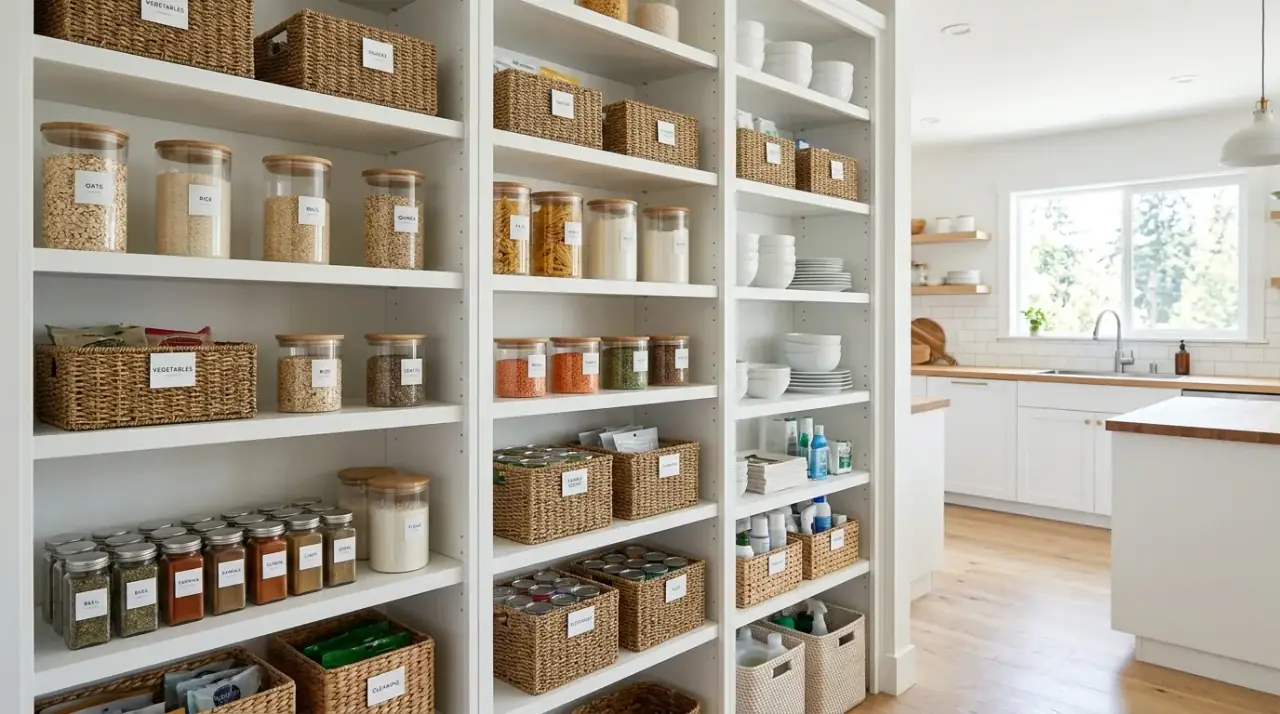 Pantry beverage station. Dedicated drink-supply storage improving flow between pantry and kitchen.