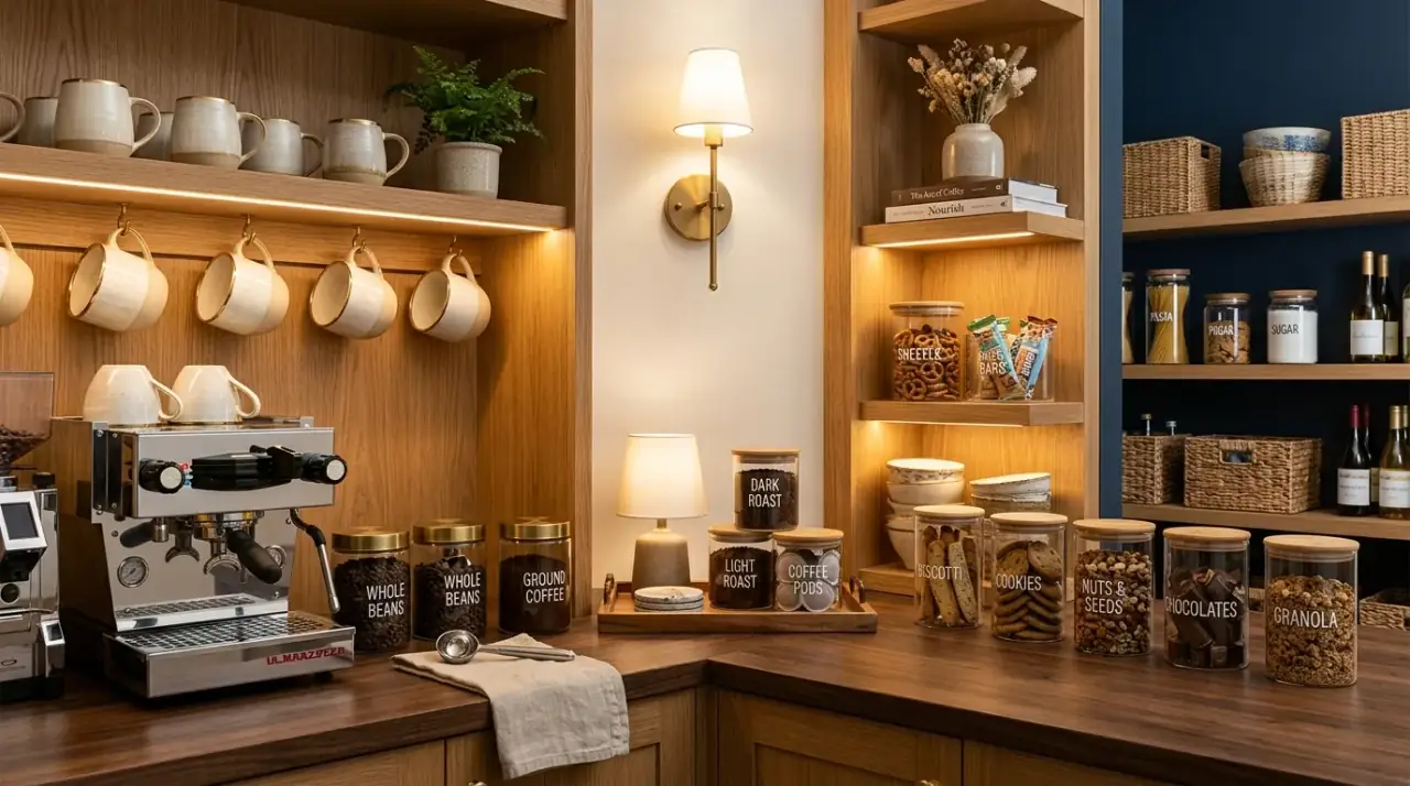 Beautiful pantry color palette. Coordinated storage colors helping a pantry look calmer and more polished.