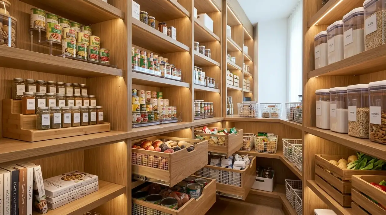 Pantry baking zone. Dedicated baking supplies arranged for easier kitchen routines.