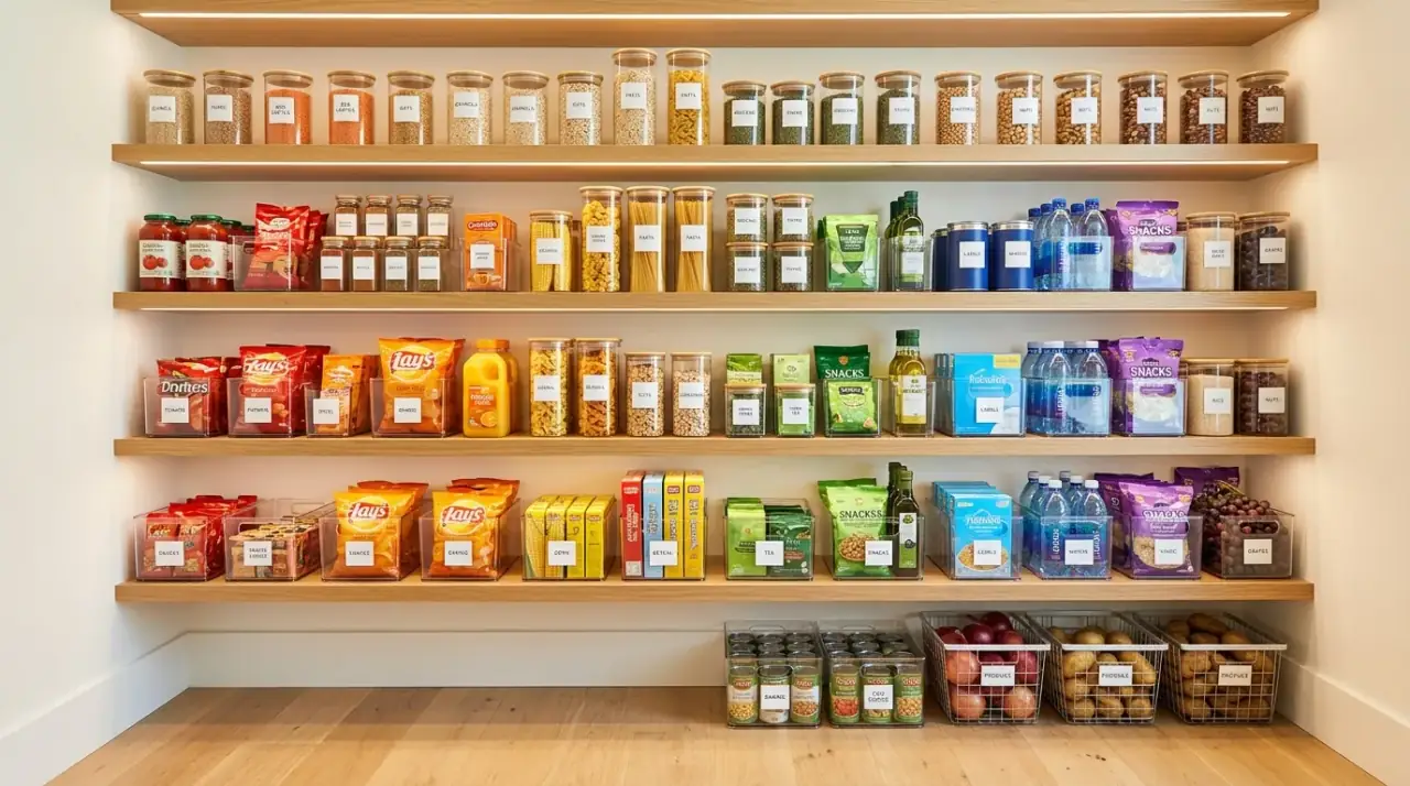 Styled practical pantry. Organized open storage balancing beauty with real everyday pantry use.