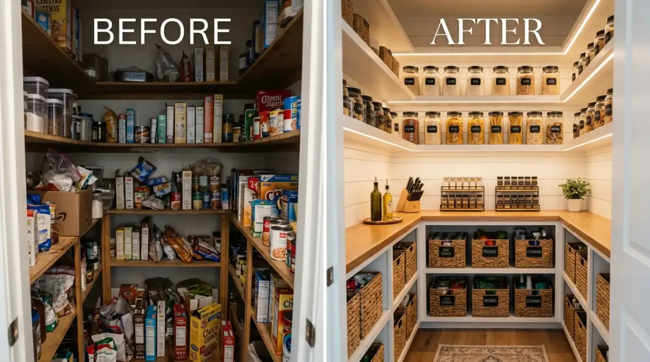 Dream pantry makeover overview. Beautiful organized pantry transformation designed for real daily function.