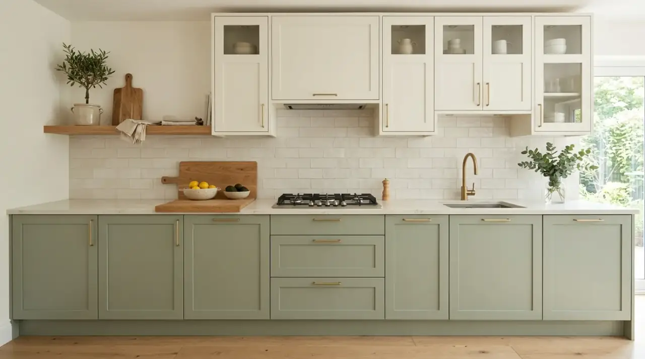 Wood and painted kitchen cabinets. Two tone kitchen mixing natural wood cabinetry with painted cabinet color.