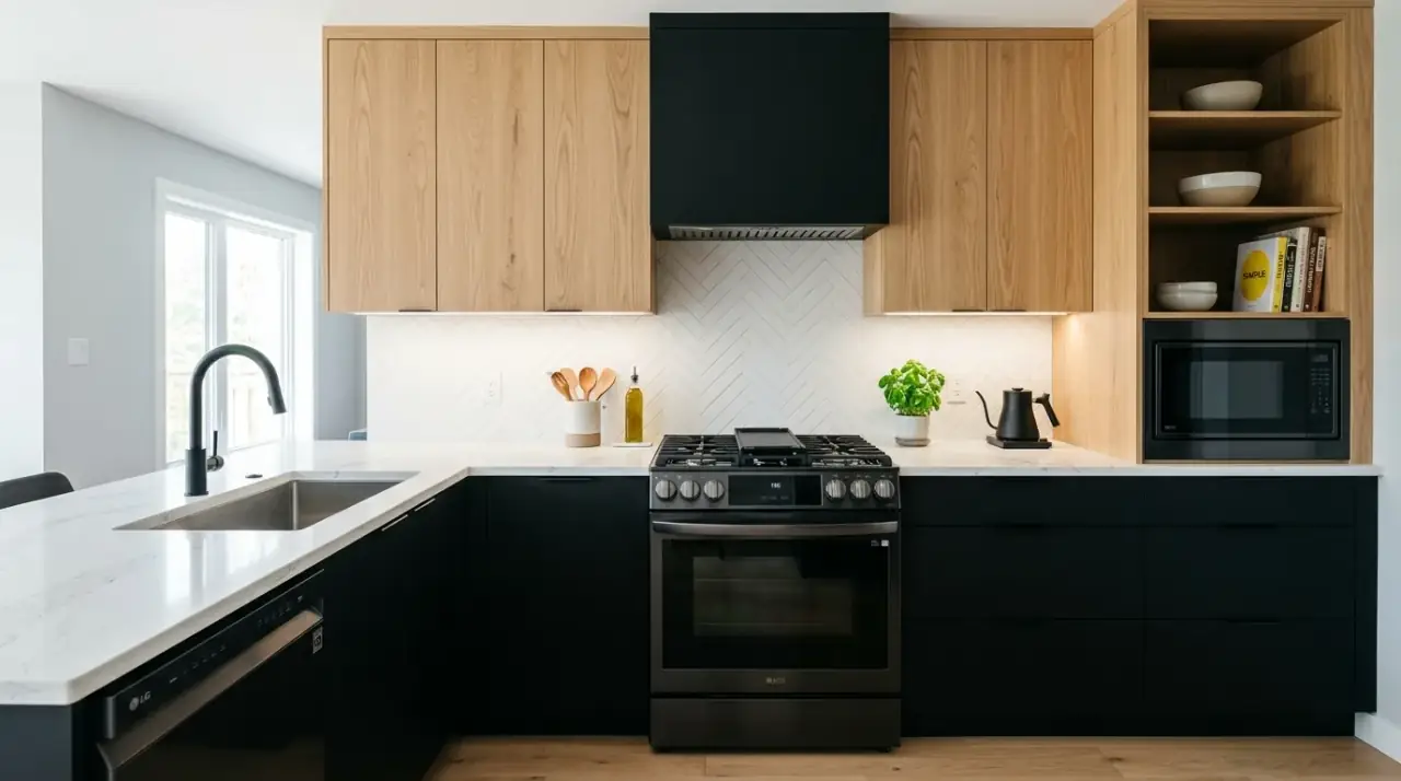 Greige and white two tone kitchen. Subtle two tone cabinetry pairing greige with white for a calm kitchen.