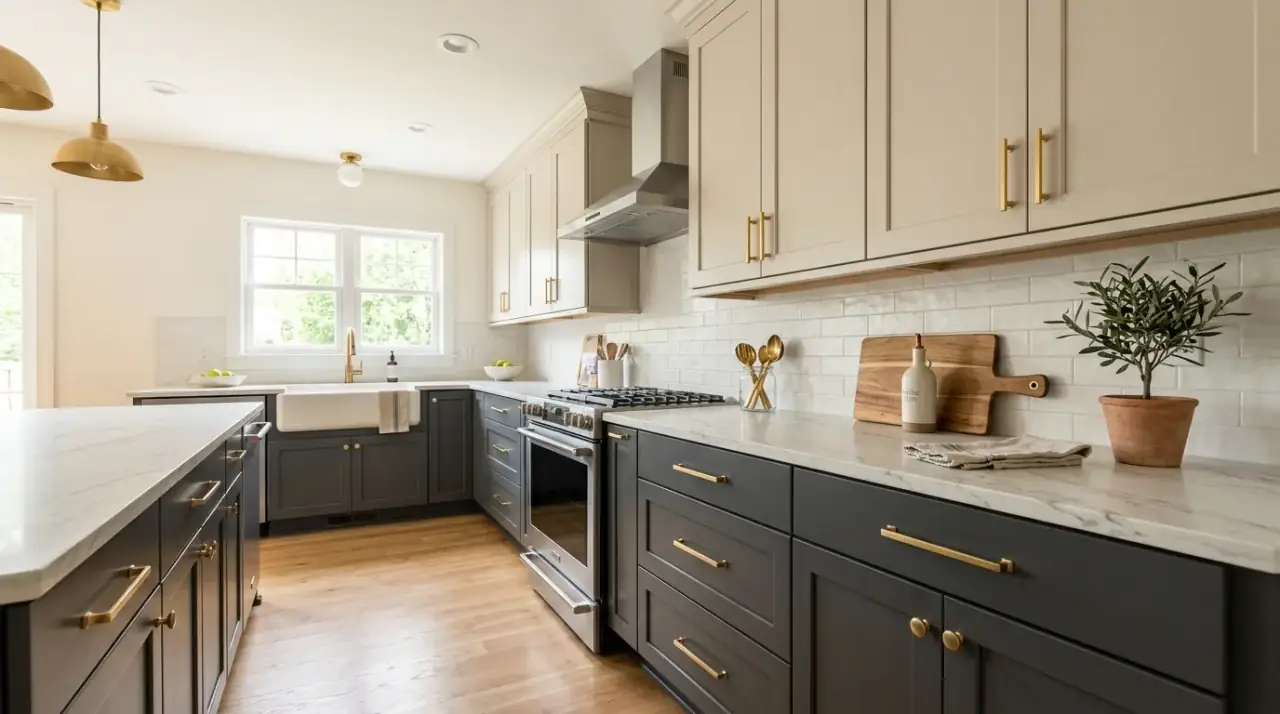 Dark island light perimeter kitchen. Two tone kitchen with a dark island and lighter surrounding cabinets.