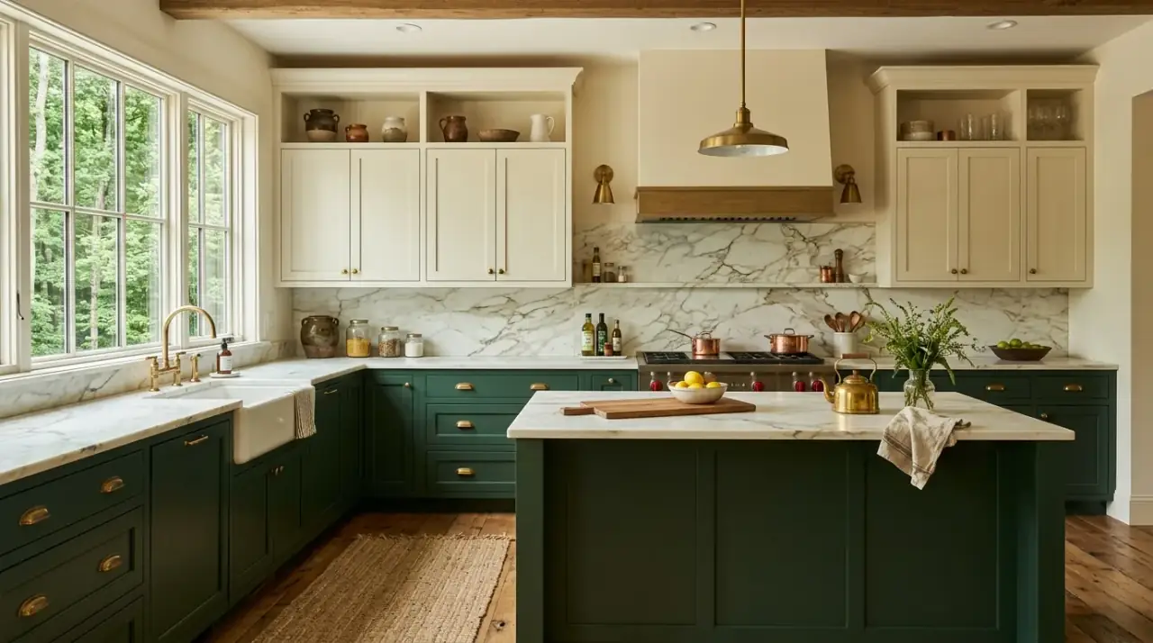 Sage and cream cabinets. Two tone kitchen cabinetry pairing soft sage green with warm cream.