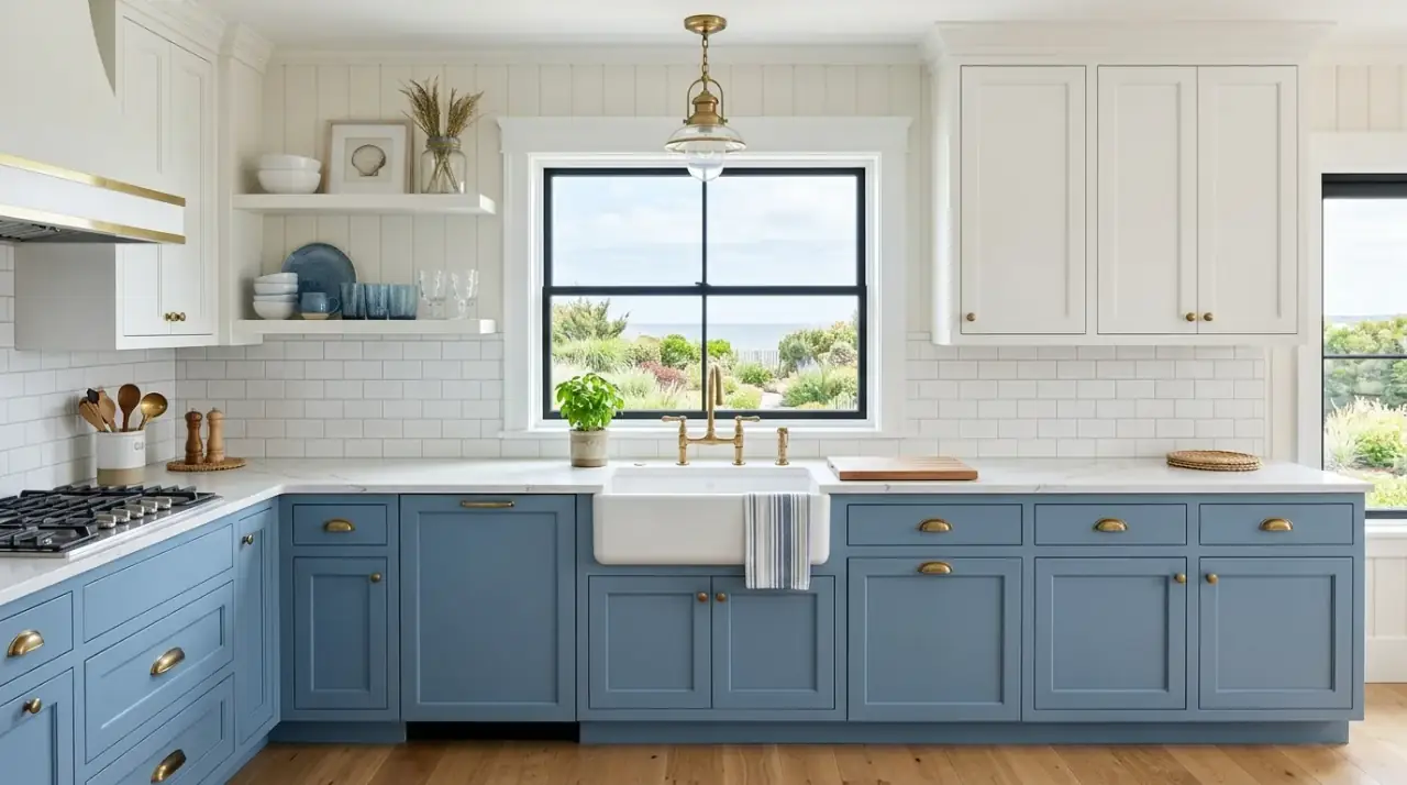 Navy and walnut kitchen cabinets. Two tone kitchen mixing dark navy cabinetry with rich walnut wood.