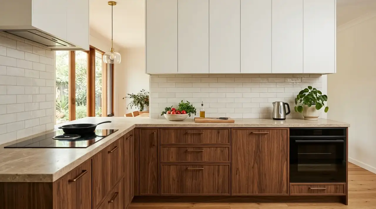 Dusty blue and oak kitchen. Two tone kitchen combining dusty blue paint with pale oak cabinetry.