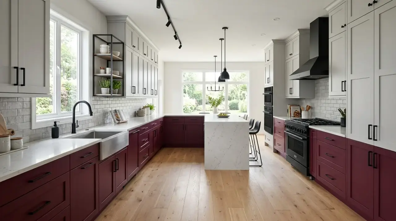 Blush and white kitchen cabinets. Soft two tone cabinetry pairing pale blush with white in the kitchen.