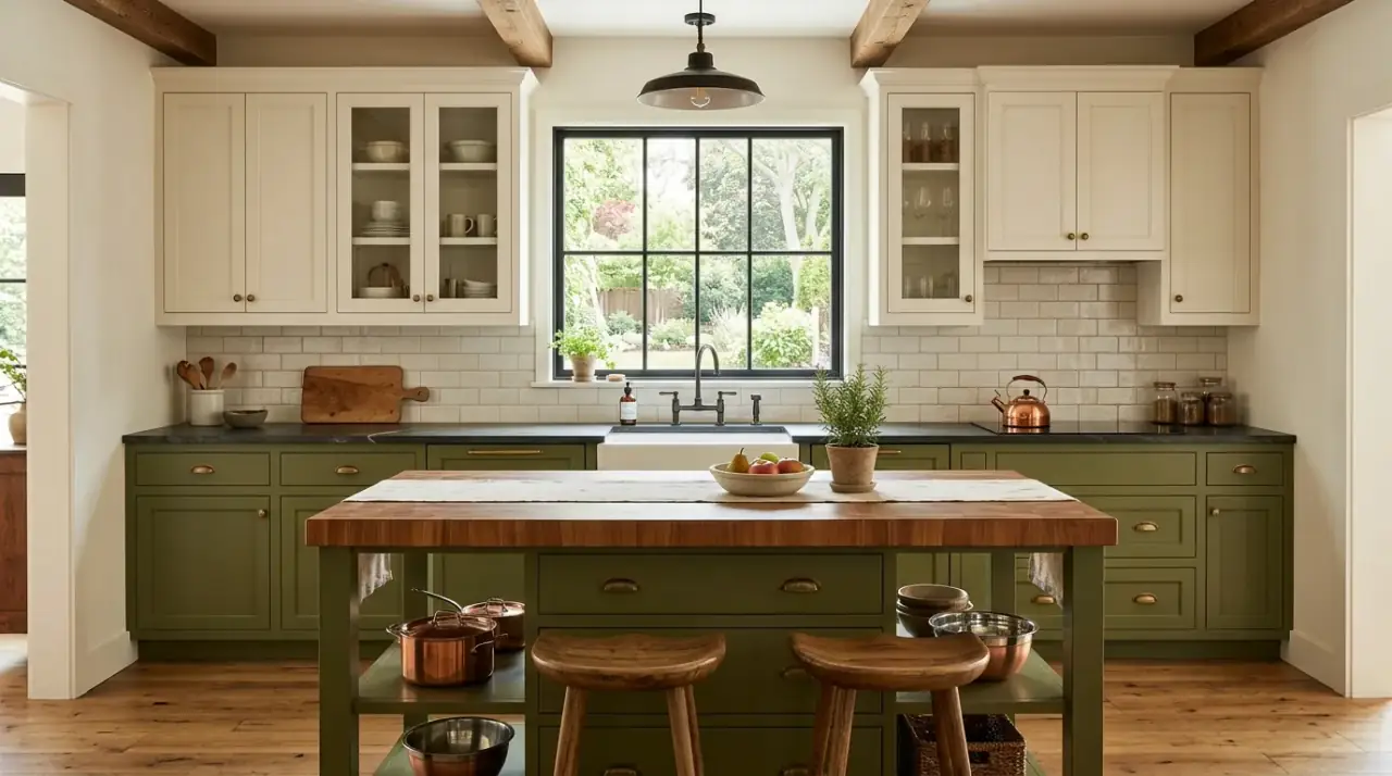 Forest green and oak kitchen. Two tone kitchen cabinetry pairing forest green with white oak wood.