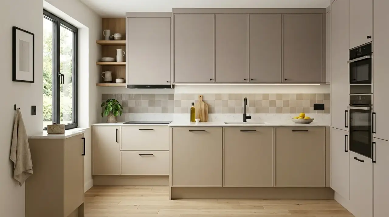 Zoned two tone kitchen cabinets. Kitchen using different cabinet colors for tall units and base cabinets.