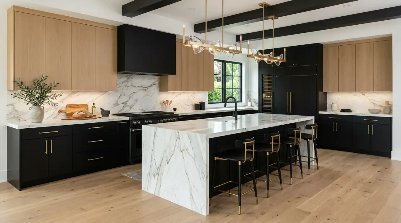 Two tone kitchen with bridging surfaces. Countertop and backsplash tying together two different cabinet colors in the kitchen.